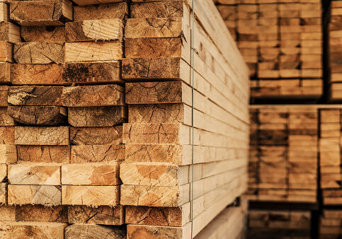 Piles of wood planks in timber yard